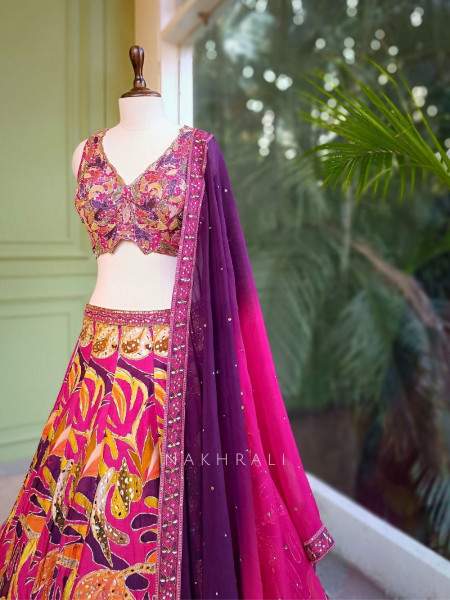 Zarina Magenta Silk Blend Lehenga Set with Sequin & Cut Dana Work