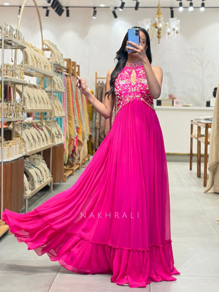 Image of Gulnaz Magenta Pleated Halter Gown