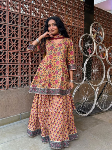 Gul-Mishri Yellow Premium Cotton Sharara Suit