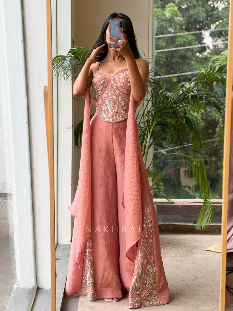 Image of Rhea Pink Corset Indo-western Palazzo Set