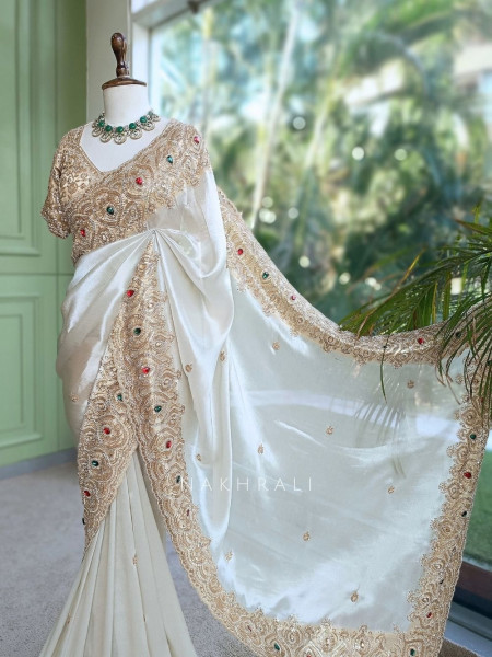 Celestial White Satin Silk Saree With Red Embroidered Dupatta