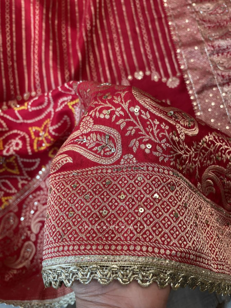 Bhavika Red Bandhani Saree with Zari Weave