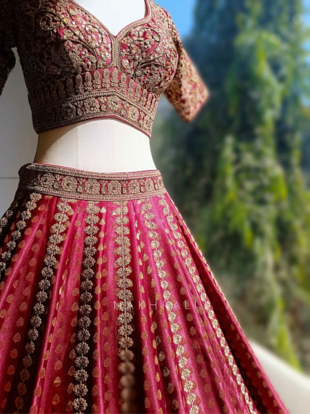 Rivaya Maroon Bridal Lehenga with Zari Sequin and Gota Work