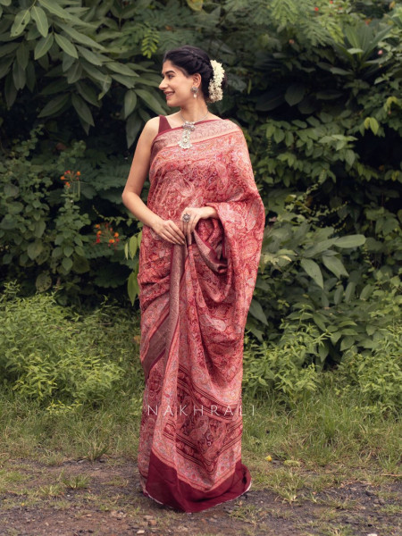 Rudra Red Silk Saree with Brocade Border and Stone Work