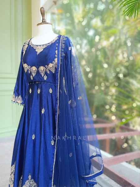 Nevria Blue Anarkali Set with Embroidered Crop Jacket & Stone Work