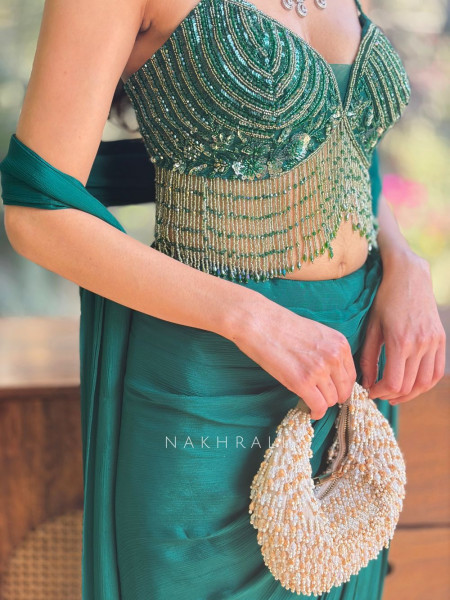 Zarreen Emerald Drape Saree Set with Handworked Blouse