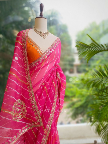 Waves of Grace Pink Leheriya Saree with Gota Patti Work