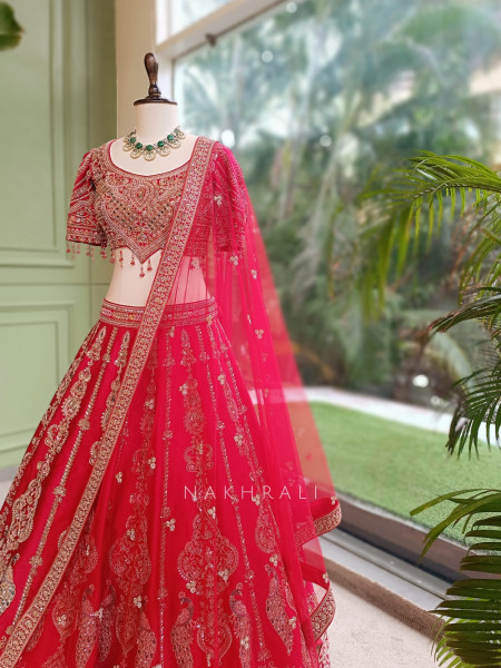 Kritisha Red Raw Silk & Soft Net Bridal Lehenga