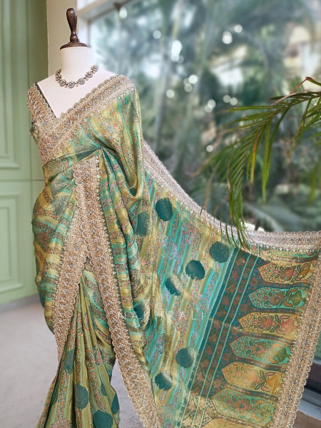 Resham Kyari Green Crepe Silk Printed Saree