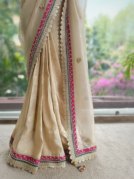 Merona Magenta Saree with Zari Sequin Beads and Cut Dana Work