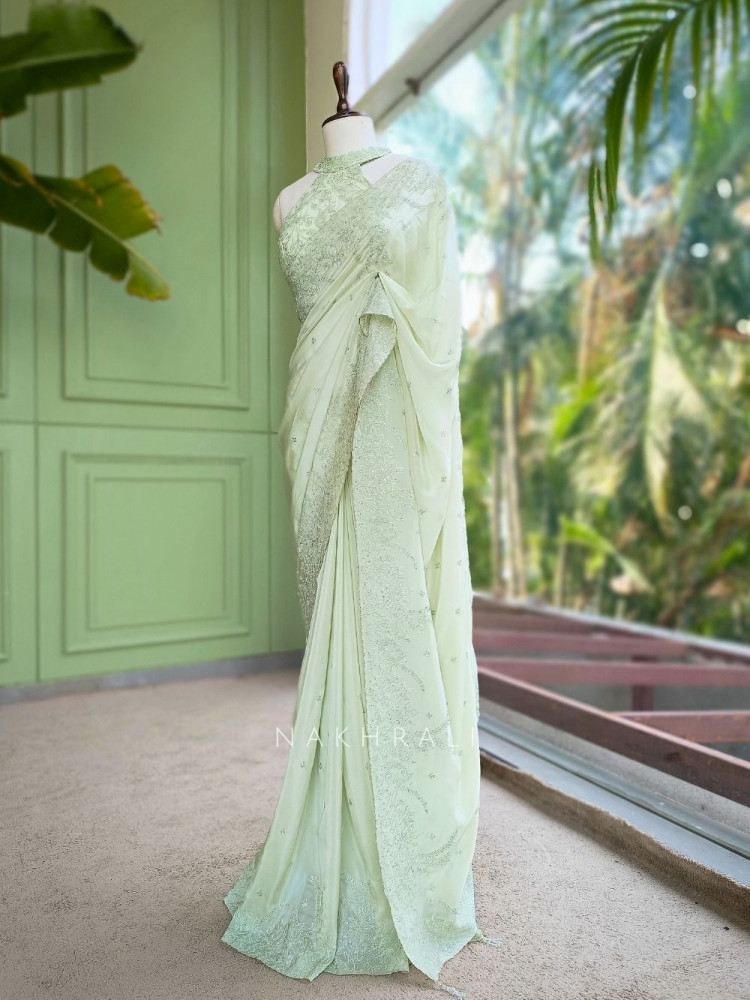 Image of Oshni Light Green Saree with Readymade Halter Blouse