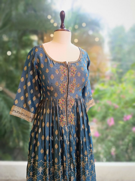 Aabroo Teal Blue Suit Set with Zari And Sequin Work