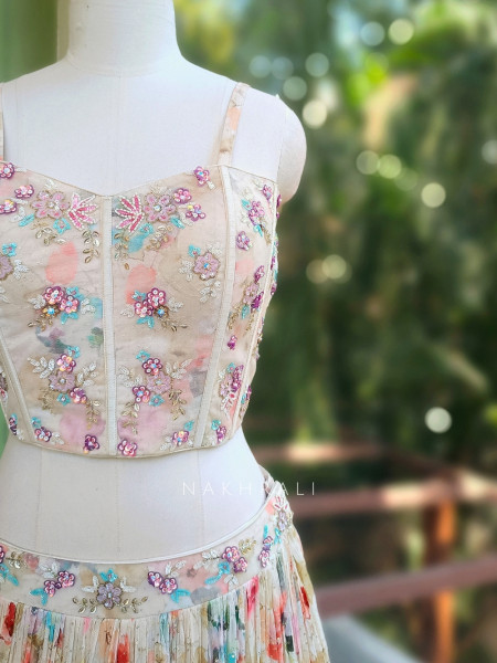 Aarvi Cream Floral Printed Lehenga with Sequin Corset Blouse