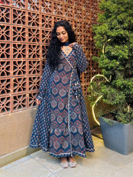 Blue Cotton Ajrakh Print Angrakha Anarkali Suit Set