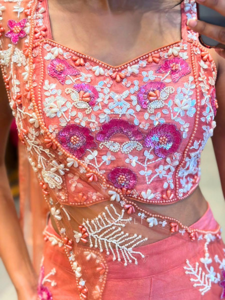 Cressa Brick Crop Top Palazzo Set with Floral Sequin Beads Pearl Work