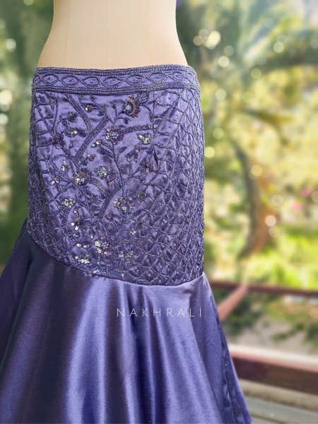 Arista Purple Satin Indo-Western Lehenga with Sequin Bead Work