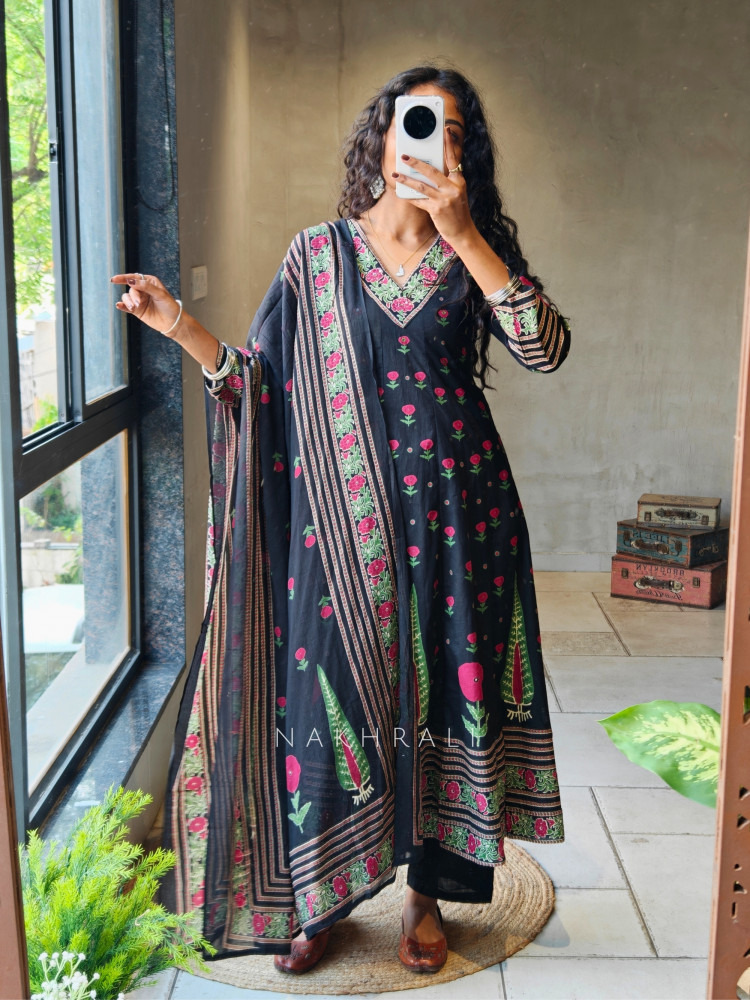Image of Nirvaya Black Anarkali Suit Set with Printed Dupatta