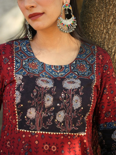 Noori Red Cotton Flared Kurta