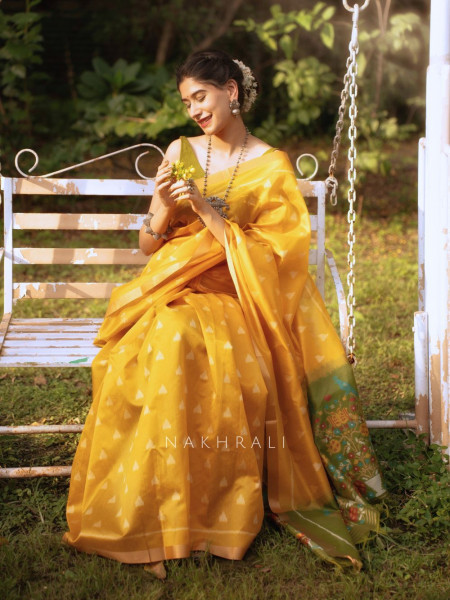 Mayur Mehendi Green Chanderi Saree with Floral Ikat Print