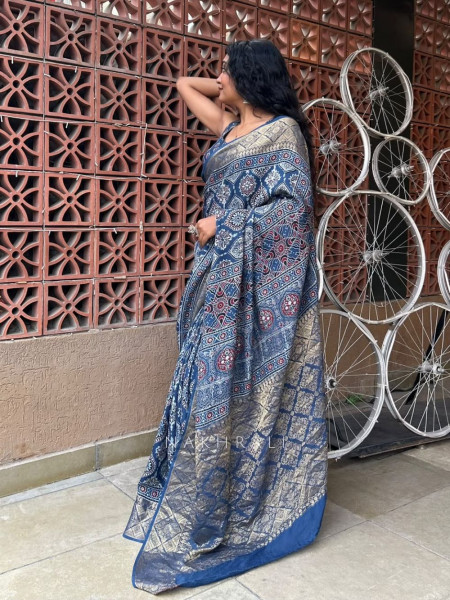 Indivelle Blue Dola Silk Ajrakh Printed Saree