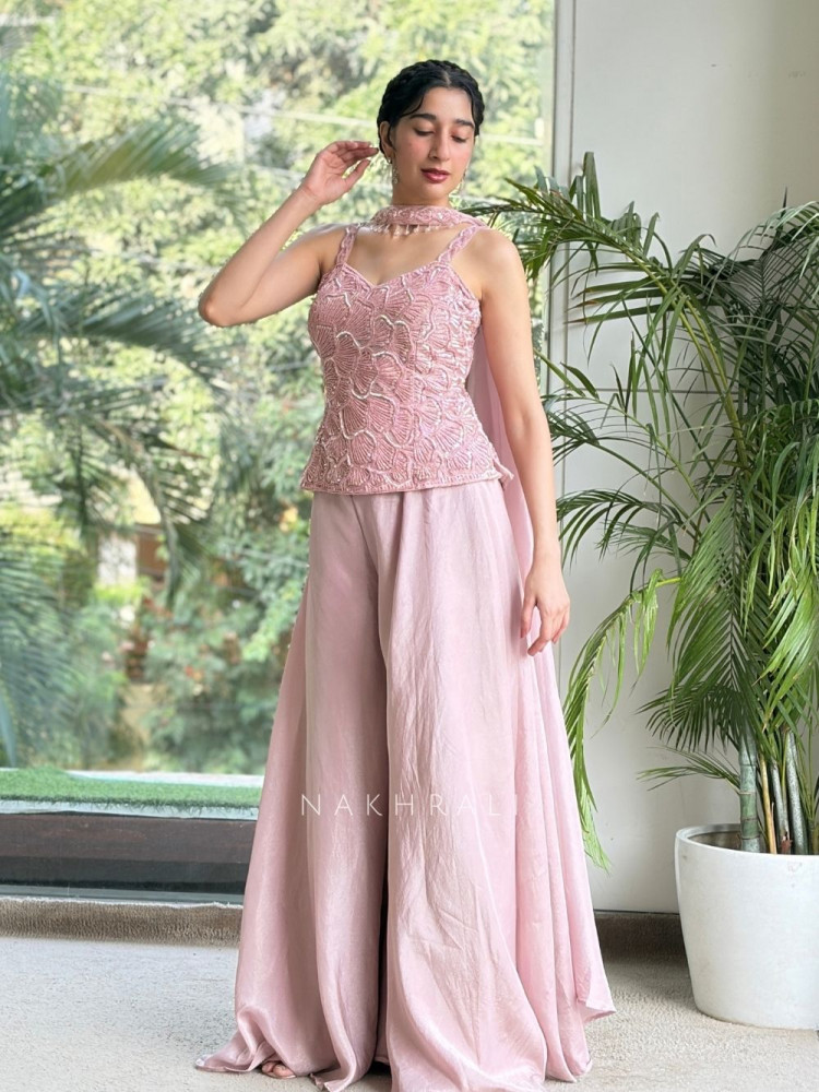 Image of Fluidity Dusty Blush Pink Crop Top Palazzo Set With Cutdana Sequin Work