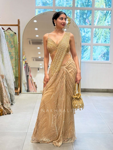 Liora Golden Drape Saree with Bead Sequin Work