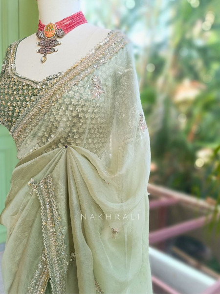 Oshini Pista Green Saree with Readymade Blouse