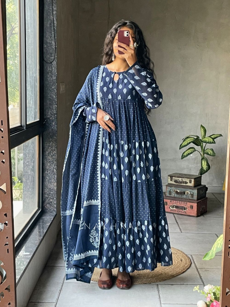 Image of Mihira Blue Cotton Anarkali Suit Set with Printed Dupatta