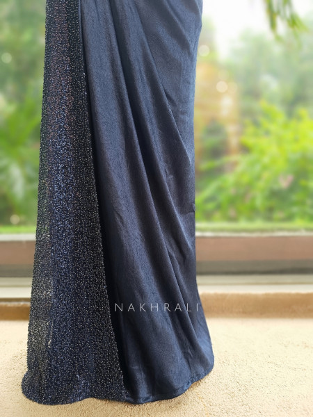 Stellar Navy Blue Cutdana One-Shoulder Ensemble Gown
