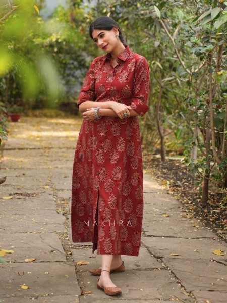 Rihana Red Cotton Block Printed Button-Down Dress