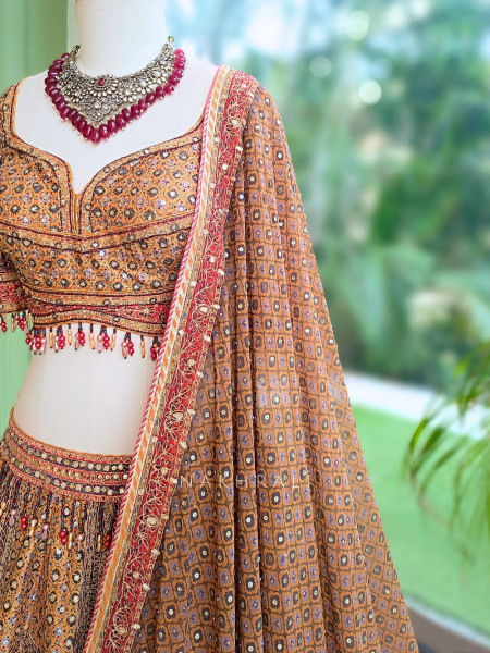 Burnt Orange Silk Lehenga Set With Marodi, Gota Patti & Mirror Work