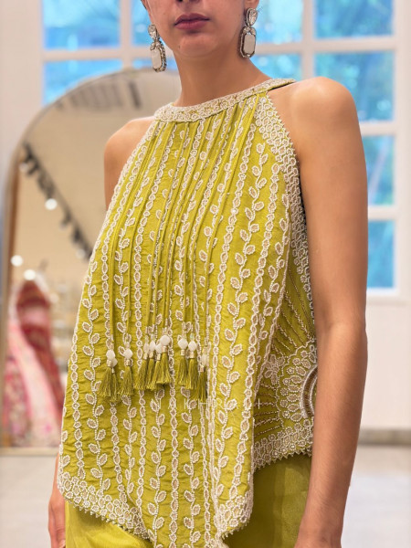 Citrine Parrot Green Indo Western Palazzo Set with Bead Work & Tassel Neck Detail