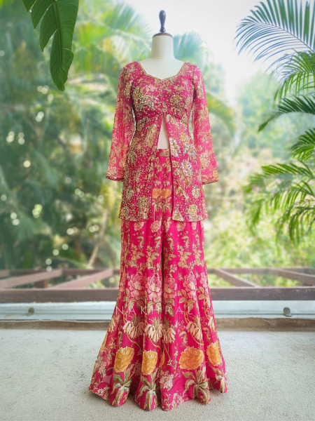 Sumreen Georgette Kurta Palazzo Set With Floral Print with Sequin & Mirror Work