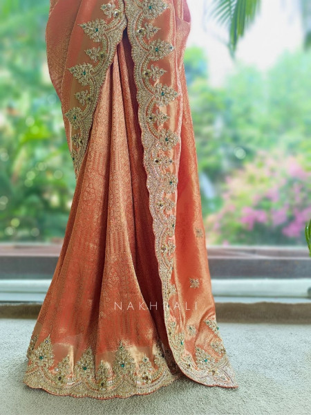 Kashida  Brick Kanjivaram Saree with Zari and Sequin Border