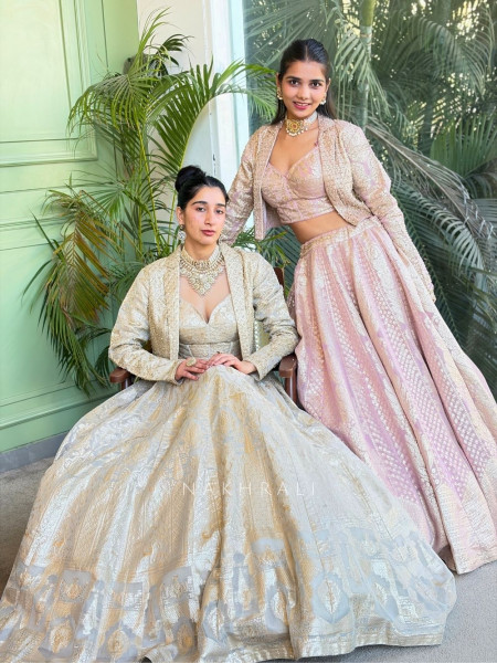 Eloria Cream Banarasi Indo-Western Lehenga Set with Stone Work