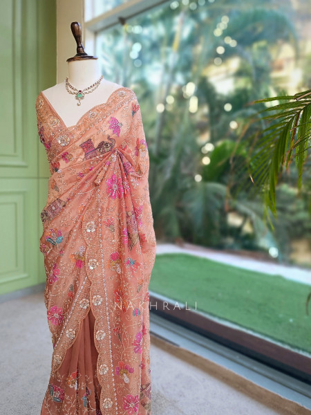 Noor-e-Afsanah Peach Organza Saree with Royal Elephant Motifs