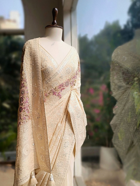 Ecru Grace Cream Embroidered Elegance Saree with Sequin Detailing