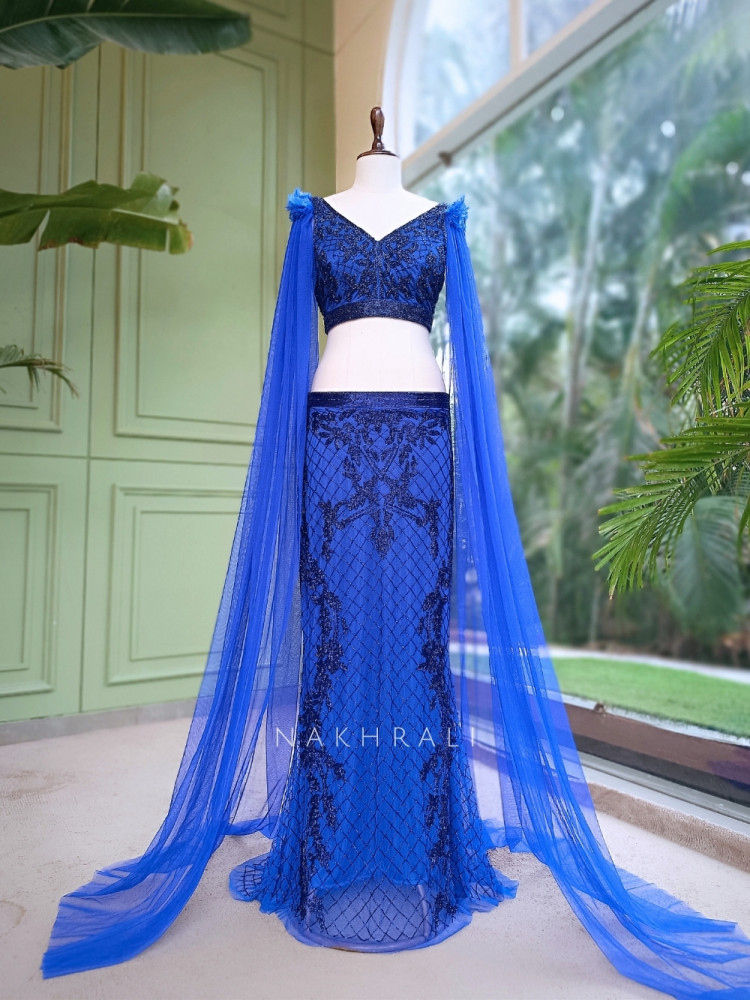 Image of Nova Blue Crop Top &amp; Skirt Set with Cut Dana Work