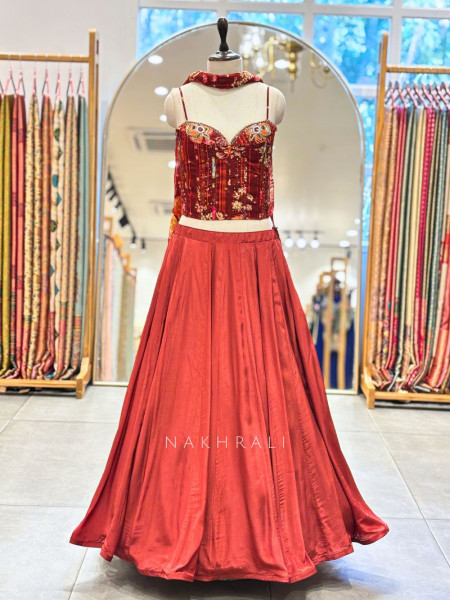 Camille Maroon Corset Lehenga Set with Cut Dana and Sequin Work