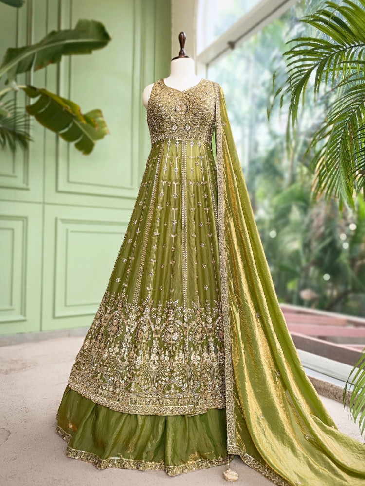 Image of Kanchanrekha Green Achkan Lehenga With Detailed Embroidery