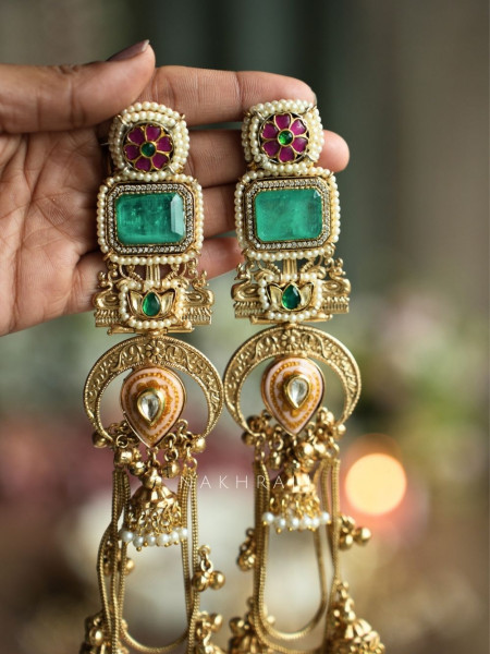 Alora Green Stone Long Kashmiri Earring