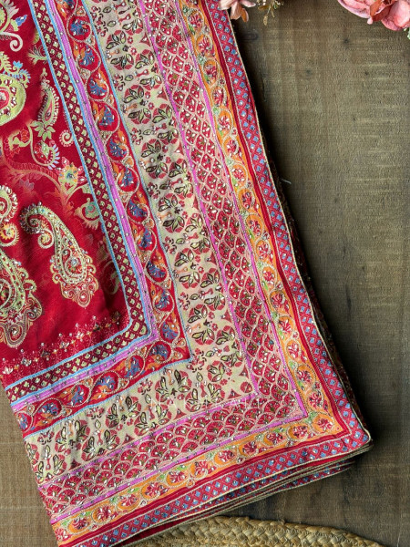 Paisley Printed Red Saree with Stone Embellished Readymade Blouse