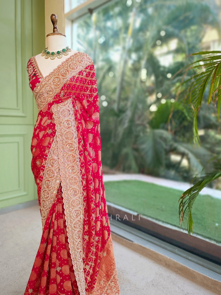 Gazal Red Red Georgette Silk Saree with Bandhani Print