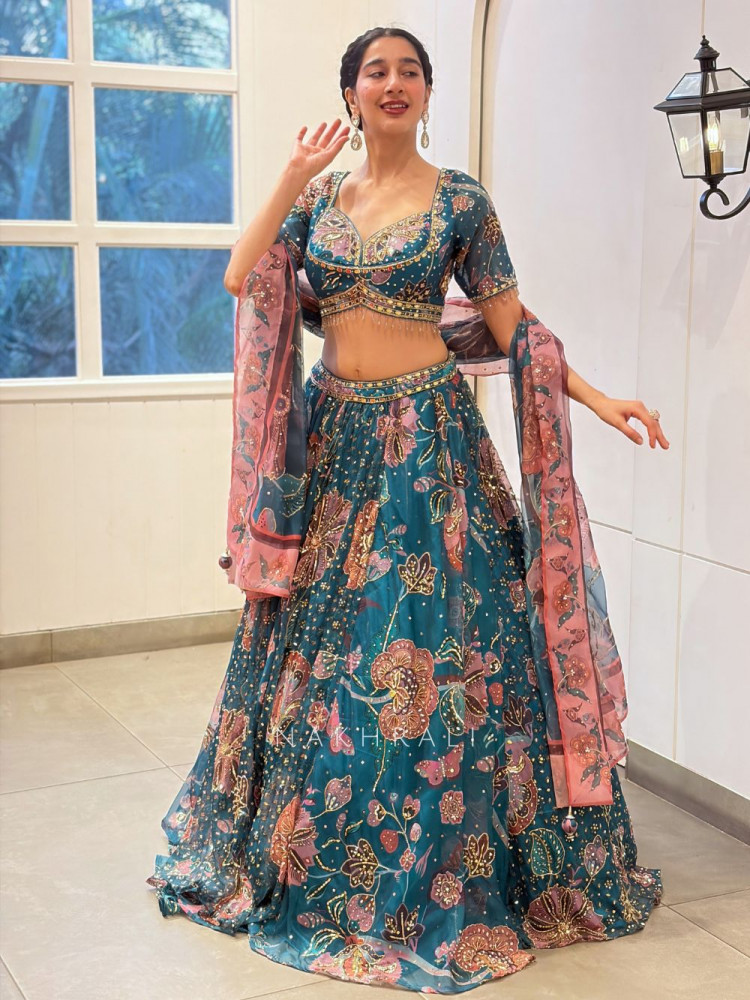 Image of Cerulean Teal Blue Georgette Floral Printed Lehenga Set with Cutdana, Sequin &amp; Bead Work