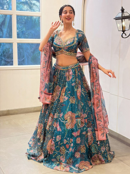Cerulean Teal Blue Georgette Floral Printed Lehenga Set with Cutdana, Sequin & Bead Work