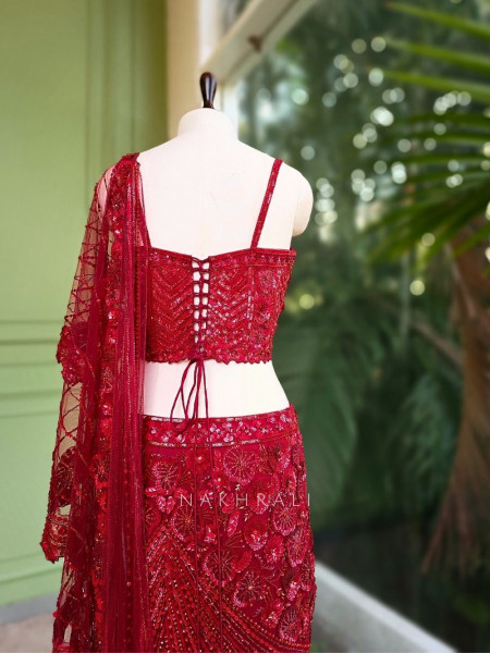 Aarvah Red Pre-Draped Saree with Sequin, Cut Dana & Bead Work