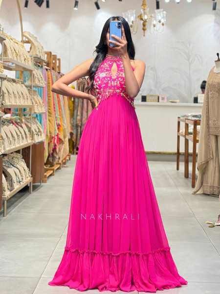 Gulnaz Magenta Pleated Halter Gown