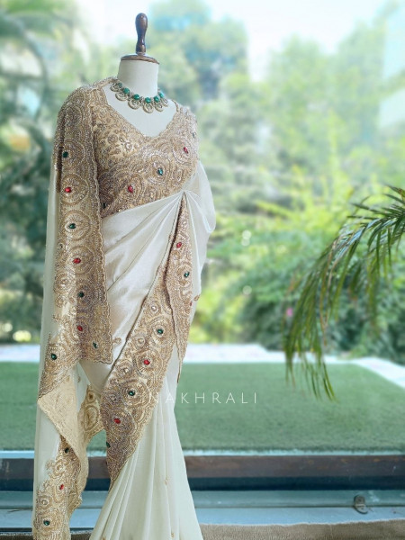 Celestial White Satin Silk Saree With Red Embroidered Dupatta