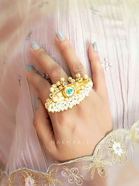 Rajshree Green Stone Statement Ring with Pearls & Ghungroo
