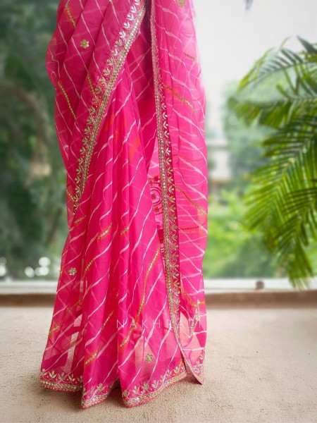 Waves of Grace Pink Leheriya Saree with Gota Patti Work